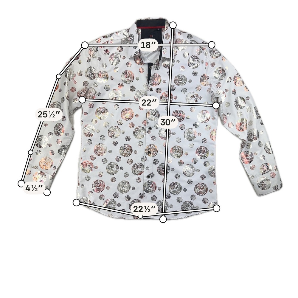 De-Niko Button‎ Up Mens L Regular White Metallic Silver Gold Dragon Phoenix Y2K - Picture 9 of 9